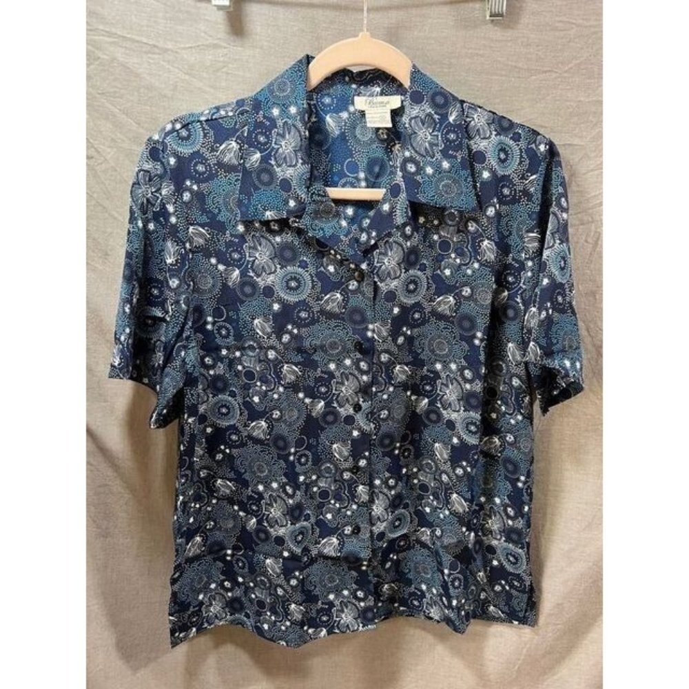 Buma Button Up Shirt Womens Medium Blue Floral Short Sleeve Ladies.